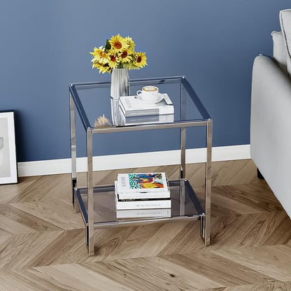 2 Tier Square End Table Side Table with Tempered Glass Top and Silver Stainless Steel Frame Modern Night Stand for Small Spaces Side Table with Storage for Living Room Bedroom - color: Silver, style: Style 1