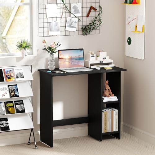 Giantex Small Desk, Compact Study Writing Desk with 3-Position Adjustable Shelf, Anti-Toppling Kit, Modern PC Laptop Table, Home Office Computer Workstation for Small Space Bedroom Dorm, Black - color: Black
