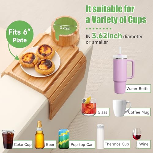 Couch Cup Holder Tray,Large Bamboo Couch Armrest Table with Cup Holder,Foldable Anti-Slip Sofa Arm Tray for Coffee Cup,Water Bottles,Mug,Snacks,Remote - color: Bamboo