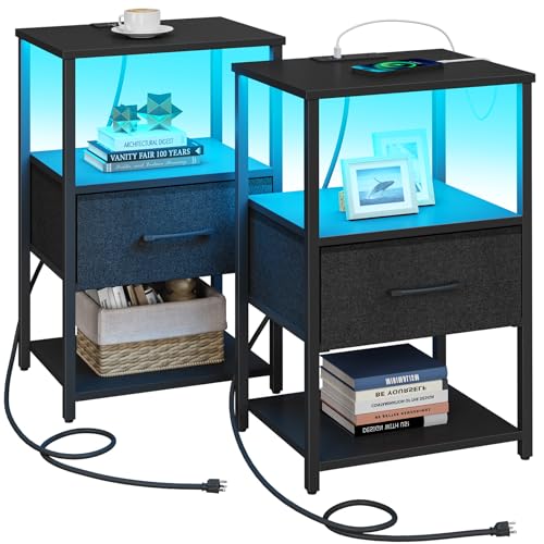 TUTOTAK LED Nightstand Set of 2, Night Stand with Charging Station, End Table, Bedside Table with Fabric Drawer, Side Table for Livingroom and Bedroom, Black TB01BK0692L - color: Black, style: Plug&LED