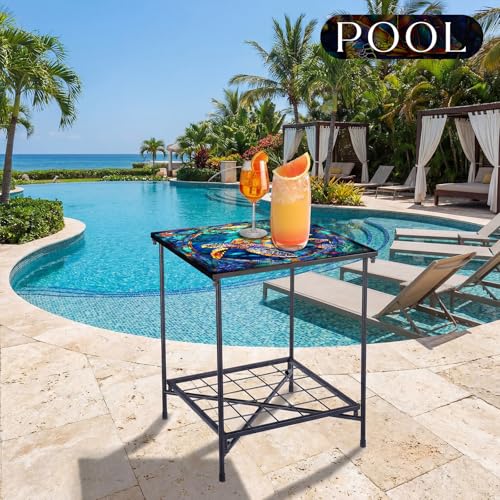 Cinnvoice Outdoor Side Table 2-Tier Storage Square Small Mosaic Patio Accent Indoor End Plant Coffee Tea Table for Yard Patio Porch Garden Living Room, Bedroom(Turtle Style) - style: Turtle Style