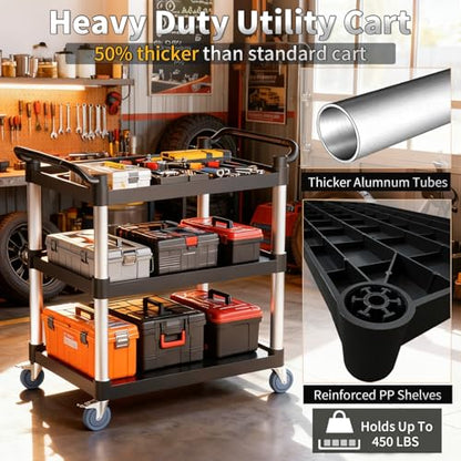 Utility Cart with Tangle-Free Wheels, Large Size 3 Tier Restaurant Cart | 2 with Brakes, Heavy Duty 450 Lbs Capacity,Commercial Serving Cart for Home, Office, Restaurant, Warehouse. - size: 40"×20"×38" L