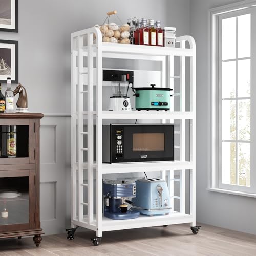 SIREDEEP Bakers Rack with Power Outlet ，4-Tier Kitchen Baker's Rack,Microwave Stand with Storage Suitable for Kitchen,Microwave Cart, Living Room, Dinning Room，Coffee Bar（White） - color: White