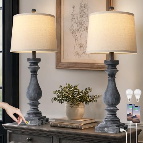 29" Tall Farmhouse Table Lamp for Living Room Set of 2,Vintage Retro Nightstand Lamps with USB C+A Ports & AC Outlet,3-Way Dimmable Touch Bedside Lamp for Bedroom Side Table,Distressed Black - color: Distressed Black