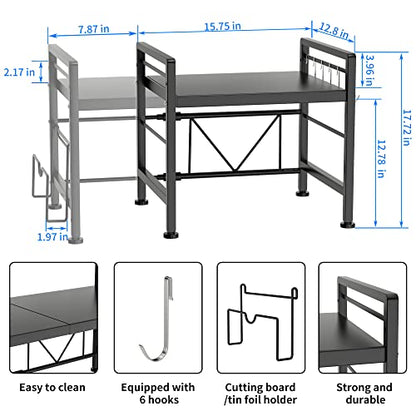 YIUKEA Extendable Microwave Oven Rack - Adjustable Kitchen counter shelf, 2 Tier Microwave Stand (L15.7~23.6" xW12.8 xH17.7) with 6 Hooks for Kitchen Countertop Organizer (Black) - color: Black