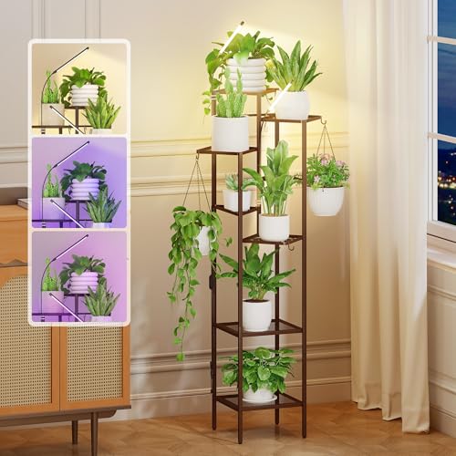 Quikraen 8 tiers Metal Plant Stand with Grow Lights, Tall Lighted Corner Plant Shelf for Indoor Plant Growing,Flower Pot Holder, Plant Rack for Home Decor, Patio (Brown) - color: Brown-58.8"