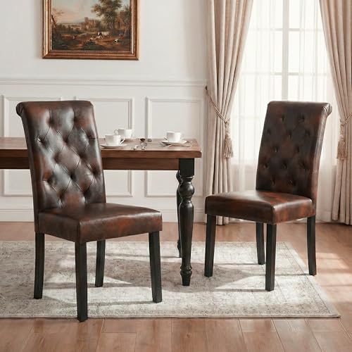 LSSBOUGHT Upholstered Dining Chairs Set of 2,Tufted Parsons Kitchen Chair with Solid Wood Legs, Modern PU Leather Side Chair for Dining Room/Restaurant(2pcs,Brown) - color: Brown-pu, size: Set of 2