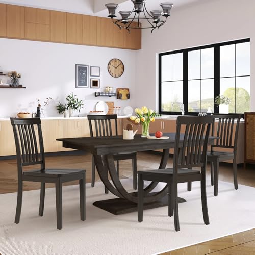 COLAMY Wooden Dining Chairs Set of 6, Solid Rubberwood Kitchen & Dining Room Chairs,Windsor Style Seating, Rustic Dining Table Chairs, Non-Slip Foot Pads, Farmhouse & Traditional Seating,Dark Brown - color: Darkbrown, size: Set of 6