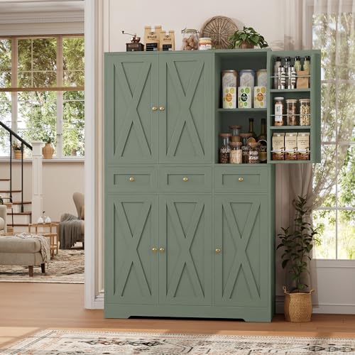 HOSTACK 67"H Farmhouse Kitchen Pantry Storage Cabinet with 3 Drawers, Green | Large Food Pantry Cabinet with Swing-Out Door Rack & Adjustable Shelf for Kitchen, Dining room, Living room - color: Green