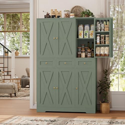 HOSTACK 67"H Farmhouse Kitchen Pantry Storage Cabinet with 3 Drawers, Green | Large Food Pantry Cabinet with Swing-Out Door Rack & Adjustable Shelf for Kitchen, Dining room, Living room - color: Green