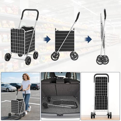 Whitmor Foldable Utility Shopping Cart with Wheels, 60Lb Capacity, Heavy Duty Grocery Cart with Steel Frame, Foam Handle, Rolling Utility Cart for Grocery, Laundry, Travel, Sliver/w Liner - size: 18.5"L x 18.5"W x 35"H，Sliver w/Liner