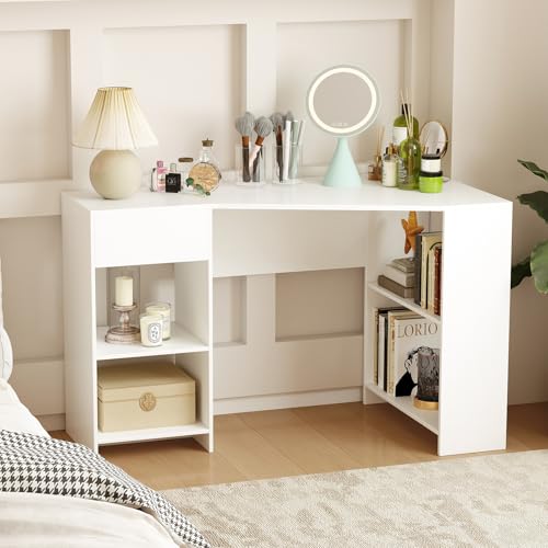 Giantex White Desk with Drawer, 48 Inch Corner Desk with Storage Shelves, Laptop PC Table for Workstation, Vanity Table for Bedroom, Modern Wood Executive Study Writing Table for Small Space