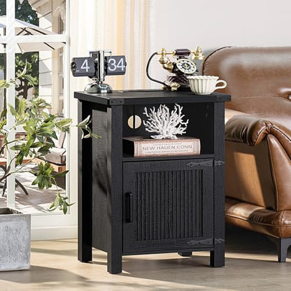 Joaxswe Night Stand Set of 2, 18 Inch Farmhouse Nightstand with with Charging Station and USB Port, Rustic Couch End Table with Magnetic Door, Wood Bed Side Tables for Bedroom, Home, Black - color: Black