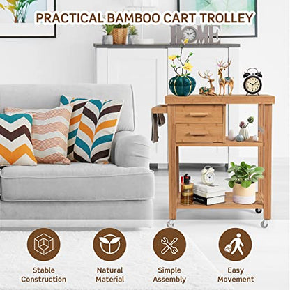 Bamboo Kitchen Island on Wheels, Lockable Rolling Kitchen Cart with 2 Storage Drawers & Open Shelf, Wood Utility Butcher Block Island with Towel Rack