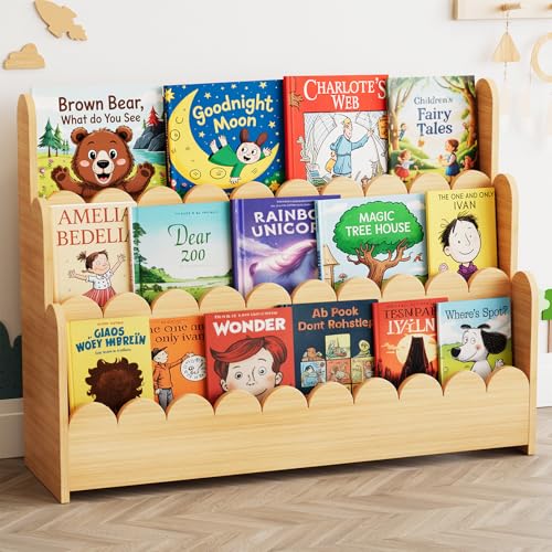 SpaceAid 3-Tier Scalloped Bookshelf, Montessori Bookcase for Toddlers, Wooden Book Shelf Organizer Display Furniture for Kids Rooms, Playroom, Nursery and Classroom, 36.7“ Wide, Natural - color: Natural, size: 3 Tier, 36.7" W