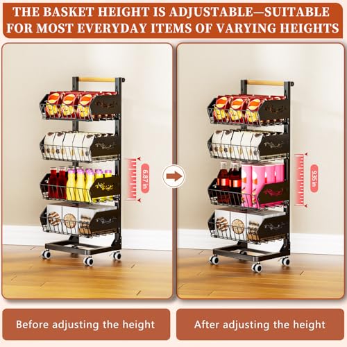 4-Tier Kitchen Snack Cart with Wheels，Height-Adjustable，Upgraded Wider and Thicker, Multi-Purpose Rolling Storage Cart for for Kitchen, Dining Room, Bathroom, Laundry Room, Office - color: Black-adjustable
