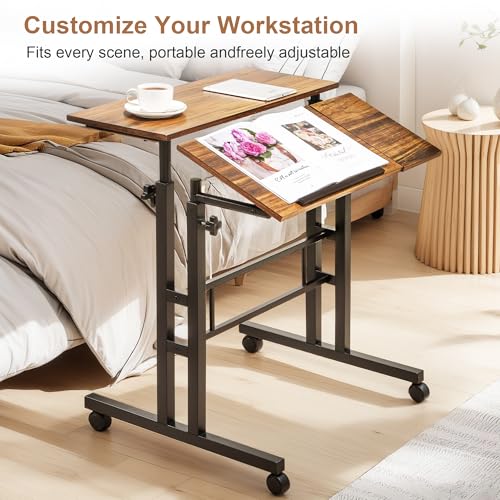 VECELO Mobile Small Standing Desk Adjustable Height, Computer Workstations with Tiltable Tabletop, Lockable Wheels, Portable Rolling Laptop Desk for Home Office, Brown - color: Brown