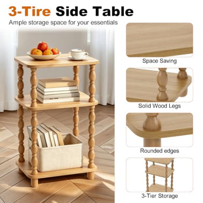 Small Side Table, 3-Tier End Table, Natural Wood | Farmhouse Style, Modern Accent, Narrow Design for Small Spaces, Bedroom & Living Room - color: Natual Wood, size: Standard
