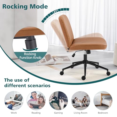 OLIXIS Criss Cross Chair with Wheels, Vanity Chair, Home Office Desk | Wide Seat Armless, Faux Leather, Height Adjustable Swivel Rolling, Home Computer Task Seating for Bedroom Study, Brown PU - color: Brown Pu