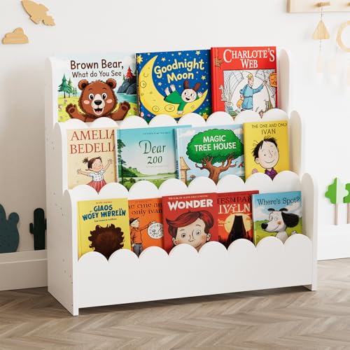 SpaceAid 3-Tier Scalloped Bookshelf, Montessori Bookcase for Toddlers, Wooden Book Shelf Organizer Display Furniture for Kids Rooms, Playroom, Nursery and Classroom, White - color: White, size: 3 Tier, 29.6" W