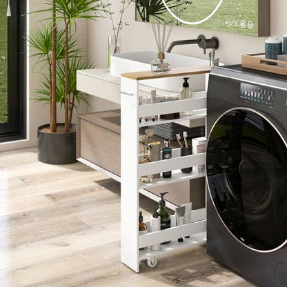 LOKO Slim Storage Cart, 4-Tier Rolling Cart with Handle & Wooden Top for Kitchen Bathroom Laundry Living Room Narrow Small Spaces, 5 Inches Width (White & Natural) - color: White & Natural