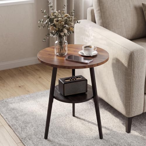 Small Round Side Table, End Tables Living Room, Walnut | 2-Tier Side Table with Storage Shelf for Small Spaces, Bedside Accent Table for Living Room, Bedroom, Metal Frame & Wood Top - color: Walnut