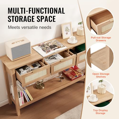 VEVOR Rattan Console Table with 3 Storage Drawers, Rattan Entryway Table with Natural Rattan Sliding Door, Console Sofa Table for Living Room, Study, Entryway Or TV Wall, Natural - size: 3 Drawers