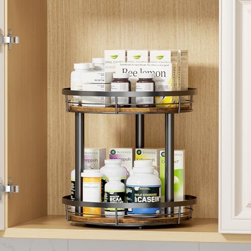 LAMU 12'' Wood Lazy Susan Spice Rack Organizer, 2 Tier Spice Organization for Cabinet, Countertop, Kitchen, Table Top, Pantry, Condiment and Seasoning Rack Organizer - size: 2 Tier 12 in