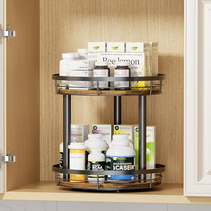 LAMU 12'' Wood Lazy Susan Spice Rack Organizer, 2 Tier Spice Organization for Cabinet, Countertop, Kitchen, Table Top, Pantry, Condiment and Seasoning Rack Organizer - size: 2 Tier 12 in