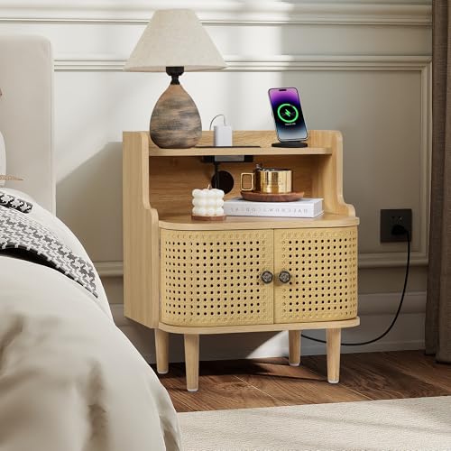 Storage End Table with 2 Door, Bed Side Table with Charging Station, Metal Rattan Nightstand for Bedroom, Desk Side Table for Living Room Couch Sofa, Office, Small Spaces - Natural - size: Door Natural-1pcs