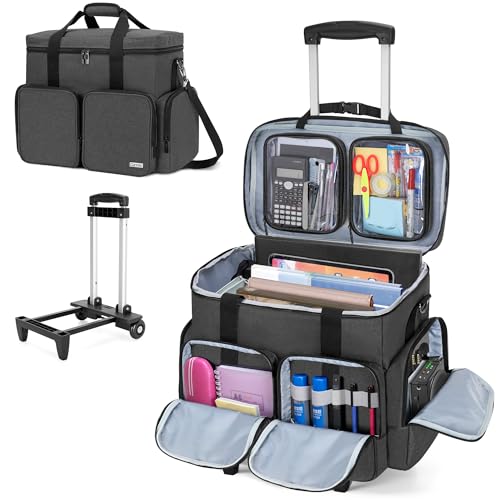 CURMIO Rolling Teacher Tote Bag with Padded Laptop Compartment for up to 15.6 Inches Laptop, Wheeled Teacher Bag for Teaching, Office, Craft, Black - color: Black