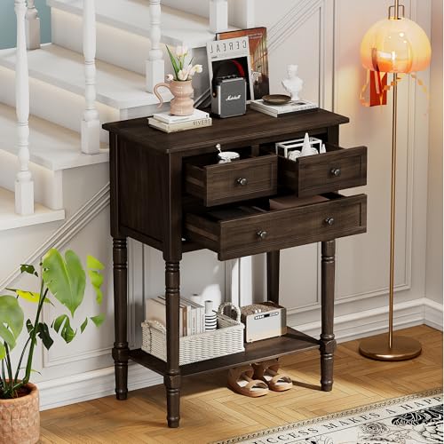 Knocbel Slim Antique Entry Console Table with 3 Drawers & Bottom Open Shelf, Solid Wood Narrow Small Sofa Table for Entryway Hallway Living Room 23.7" W x 13" D x 31.4" H Brown - color: Brown