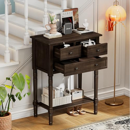 Knocbel Slim Antique Entry Console Table with 3 Drawers & Bottom Open Shelf, Solid Wood Narrow Small Sofa Table for Entryway Hallway Living Room 23.7" W x 13" D x 31.4" H Brown - color: Brown