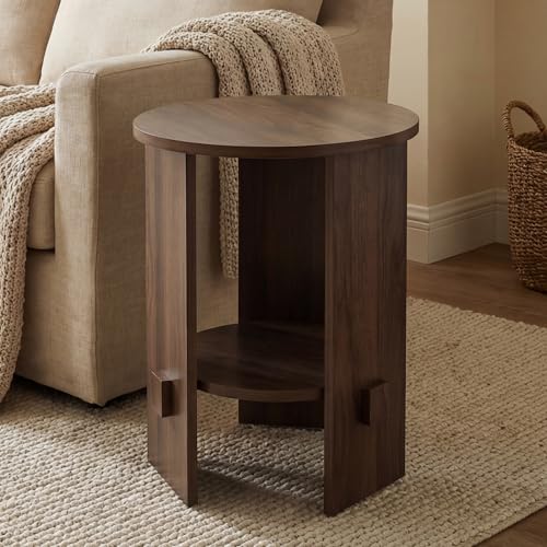 Round End Table with 2-Tier Storage Set of 2, 15.5” Small Side Table for Living Room, Modern Nightstand with Open Shelf, Compact Accent Table for Bedroom, Sofa Side, Small Spaces (Walnut) - color: Walnut
