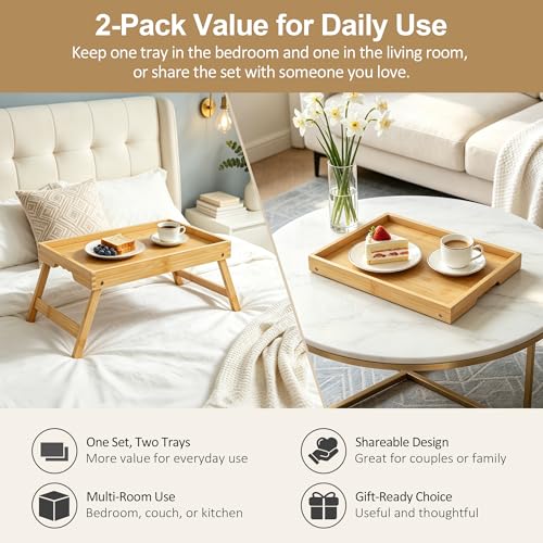 Breakfast Tray with Folding Legs Set of 2, Bamboo Bed Tray Table 15.7" Foldable TV Dinner Tray with Ergonomic Wave Handles for Bed Couch Sofa, Breakfast, Snacks, Coffee, Natural - color: Natural, size: Medium