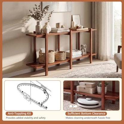 GOFLAME 2-Tier Wood Bookshelf, Mid-Century Modern Console Table with Storage Shelf, Solid Rubber Wood Legs, Horizontal Display Shelving Rack, Wooden Sofa Table for Living Room, Entryway, Walnut