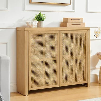 Mid Century Modern Rattan Sideboard 39.4’’ Small Coffee Bar Console Buffet Cabinet Table for Living Dining Room Entryway Hallway, Natural