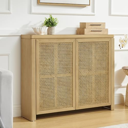 Mid Century Modern Rattan Sideboard 39.4’’ Small Coffee Bar Console Buffet Cabinet Table for Living Dining Room Entryway Hallway, Natural