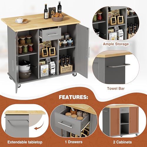 JY QAQA 42" Kitchen Island with Storage on Wheels, Rolling Table with Drop Leaf, Drawers, Cart Handle for Towel Rack or Free Movement, Gray - color: Grey
