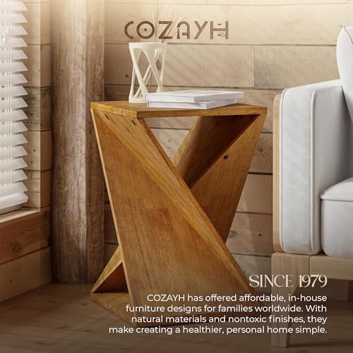 COZAYH Rustic Farmhouse Geometric Style End Table with Twisted X Base, Modern Square Accent Side Table for Living Room, Bedroom, or Office, Brown - color: Natural Wood