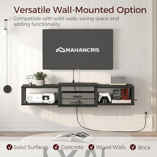 MAHANCRIS 43.7” Floating TV Stand with Power Outlet, Wall-Mounted Entertainment Center, Floating Metal Frame Media Console Shelf for Under TV Storage, for Living Room, Bedroom, Black TVHB101E01 - color: Black