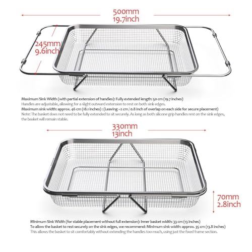 WAGENSTEIGER Extendable Dish Rack with Feet, Vegetable Colander Basket, Stainless Steel Dish or Silverware Drying Rack, Ultimate Kitchen Organizer Over the Sink (14.76 x 10.63 x 3.15 Inches) - size: 14.76 x 10.63 x 3.15 Inches