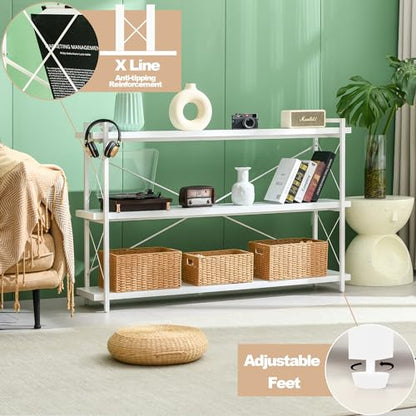 HCHQHS Bookshelf, 3-Tier Long Industrial Bookcase, White Open Book Shelf, Freestanding Horizontal Bookshelves with Metal Frame - color: Cloud White, size: 3-Tier (56.7"W x 35.8"H)