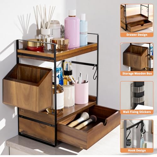 2-Tier Bathroom Counter Organizer, Acacia Wood Vanity Shelf with Drawer | Pre-Drilled Holes, Skincare & Makeup Countertop Organizer and storage, Acacia Dark Brown - color: Acacia wood-Dark Brown