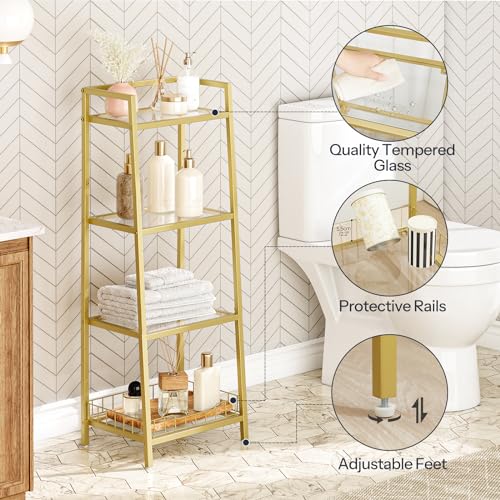 HOOBRO Gold Glass Shelf Stand, 4 Tier Standing Shelf Unit, Bathroom Organizer and Storage, Floor Storage Shelves Waterproof, for Bathroom, Laundry, Toilet, Tempered Glass, Gold GD79CJ01 - size: 15" L x 11.8" W x 42.1" H