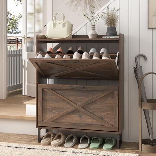Maupvit Shoe Storage Cabinet with 2 Flip Drawers, Freestanding Organizer with Metal Legs for Entryway, Narrow Shoe Rack Cabinet, Dark Walnut - color: Dark Walnut, style: 2-Drawers