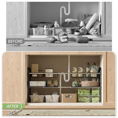 NETEL Under Sink Organizers and Storage, 2 Tier Expandable Under Cabinet Organizer Shelf with 4 Baskets and 4 Panels, Expandable Shelf for Cupboard, Kitchen, Bathroom, Shoe Storage Rack - size: 4 Panels and 4 Baskets