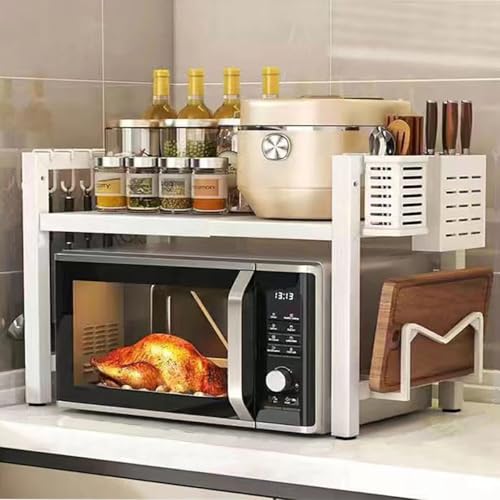 2-Tier Expandable Microwave Stand, Extendable Microwave Oven Rack with Storage Shelf Heavy Duty with 6 Hooks and Chopsticks Cutting Board Tools Holder for Kitchen(15.7~24.8" L) - color: White
