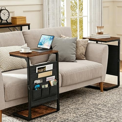 Couch End Tables Set of 2 Pack TV Trays Dinner Eating Tray Sofa Side Table Wood Pedestal TV Tables for Eating on Couch Side Trays that Slide Under Food Snack Small C Shaped Stand Living Room ET-P-BRW2 - color: Rustic Brown