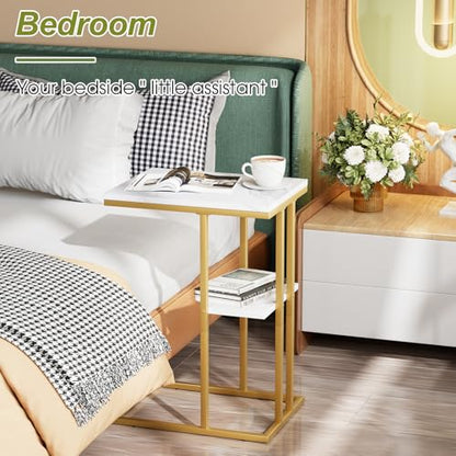 C Shaped End Side Table, Couch Sofa Table for Bed, Gold Snack Table with Metal Frame, TV Tray Table for Small Space, Living Room, Bedroom, Bedside(White Marble) - color: White Marble+gold